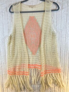 Sweet Journey Boho Open Knit Fringe Vest Size L Cream Coral Geometric Crochet